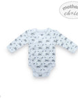 Baby bodysuit with animal pattern on a white background, branded 'Mother's Choice'.