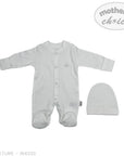 Gray baby onesie and hat set with 'Mother's Choice' branding on a white background