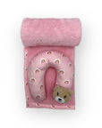 M/C SUPER SOFT CORAL FLEECE WITH PRINTED MINK BINDING BLANKET AND PILLOW SET GIRL'S PINK BEAR