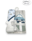 hooded towel and 4 washcloths and wash sponge blue car