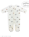Baby onesie with car pattern on a white background, featuring 'Mother's Choice' branding.