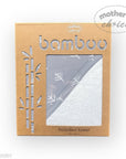 Bamboo hooded towel packaging with a gray hooded towel inside on a white background.