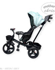 Black baby tricycle with canopy on a white background, featuring 'Mother's Choice' branding.