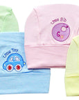 Set of four baby hats in green, blue, pink, and yellow with embroidered designs on a white background.