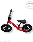 Red balance bike with black seat on a white background, branded 'Mother's Choice'.