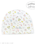 Mother's Choice white cotton interlock baby hat with ducks, squirrels, and garden print. Features a pink bow.