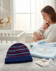 Mothers Choice Boys Winter Hats Striped, a navy blue knit hat with red and white stripes, soft and cozy for babies.