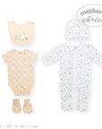 Stork And Baby 5-piece baby layette set with duck and squirrel print, including a bodysuit, footie pajamas, hat, bib, and mittens. Made of 100% cotton.