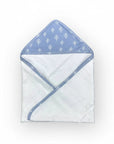 Stork And Baby blue bamboo hooded towel with white tree pattern on hood. Soft and absorbent for babies.