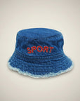 Stork And Baby blue denim bucket hat with red "SPORT" embroidery and frayed brim for boys.