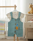 Stork And Baby blue cotton blend 2-piece baby dungaree set with a bear graphic and a polka dot t-shirt.