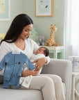 Stork And Baby blue ribbed 3-piece newborn set with romper, pants, and hat. A mother holds her baby.