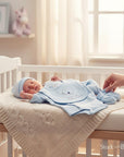 Stork and Baby light blue baby boy romper set with twinkling star design and matching hat and booties.
