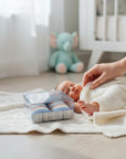 Stork And Baby Boys Lion fancy box socks, blue with orange and white stripes, cotton blend, for newborns.