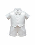 Stork And Baby Mothers Choice white short-sleeve christening suit with a satin vest, matching shorts, and a bow tie.