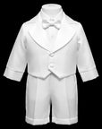 Stork And Baby Mothers Choice white long-sleeve christening suit with tailpiece, bow tie, and matching shorts.