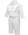 Stork And Baby Mothers Choice white long-sleeve christening suit with a matching vest and bow tie for baby boys.