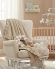 Stork and Baby neutral brown bear coral fleece blanket and pillow set with mink binding. Cozy nursery essential.