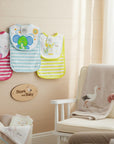 Stork And Baby pink, blue, and yellow striped bibs with cute creature embroidery. Set of 3.