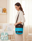 Stork And Baby brown and blue double bottle warmer bag with embroidered B, ideal for travel.