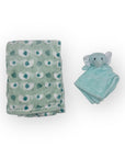 Stork And Baby green fleece baby blanket with elephant pattern and matching elephant security blanket.