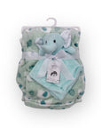 Stork And Baby soft mint green baby blanket with elephant pattern and matching elephant security blanket.