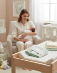 Stork And Baby 3 pack embroidered facecloths in light grey with green trim and subtle yellow pattern, soft cotton for baby.