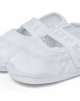 Stork And Baby white satin christening booties for girls featuring delicate embroidery and a secure velcro strap.