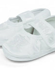 Stork And Baby Mothers Choice white satin christening booties for girls with embroidered butterfly detail and strap