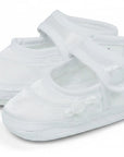 Stork And Baby Mothers Choice white satin christening booties for girls with a delicate rose detail and velcro strap.