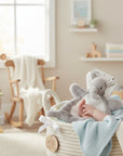 Stork And Baby grey plush elephant blanket with white knit backing for baby