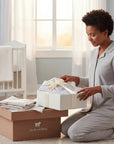Stork and Baby Grey House padded velour baby grower, soft and warm for newborns. Neutral tones.