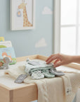 Stork & Baby grey and mint striped knotty hat and mitten set for babies, made of soft cotton.
