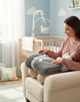 Stork And Baby grey single layer sherpa fleece blanket, 75x100cm, tied with a white ribbon.