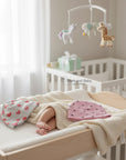 Stork and Baby grey and pink baby beanies with heart patterns, soft cotton, 2-pack set.