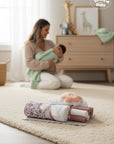 Stork and Baby hooded towel and washcloths set with pink flower design, perfect for baby bath time.