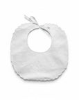 Stork And Baby Mother's Choice white linen and cotton infant bib with delicate floral embroidery and scalloped edges.