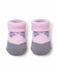 Stork And Baby infant girls socks in grey and pink with a bow design. Soft cotton blend, stretch fit.