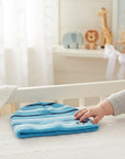 Stork And Baby blue and white striped knit winter hat with a star detail for infants.