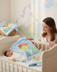 Stork And Baby blue cutwork blanket with house and cloud design for infants