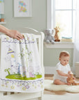 Stork And Baby white infants cutwork blanket with fairytale castle and characters design. Soft fleece material.