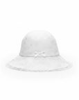 Stork And Baby Mother's Choice white infant hat with delicate anglaise embroidery, lace trim, and a small front bow.