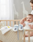 Stork And Baby Infants 3 Piece White Velour Set with embroidered bear detail and blue ribbon accents.