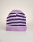 Stork And Baby purple and white striped knit infants winter hat with a cuffed brim.