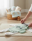 Stork And Baby 5 piece baby clothes set in mint green with scooter and car print, 100% cotton.