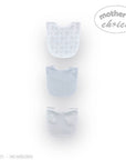 Stork And Baby Mothers Choice 3 pack of soft cotton baby bibs in white and light blue, one with a subtle animal print.