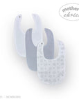 Stork And Baby Mothers Choice 3 pack of soft cotton baby bibs in white, grey, and a white print with grey houses and snowflakes.
