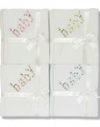 Stork And Baby Mothers Choice 100% cotton jersey baby wraps in four colors with embroidered baby text and ribbon ties.