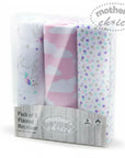 Stork And Baby Mothers Choice 3 pack flannel baby blankets featuring unicorn, cloud, and polka dot prints.