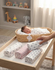 Stork And Baby Mothers Choice flannel baby receiver blankets with nautical anchor and stripe prints in a nursery.